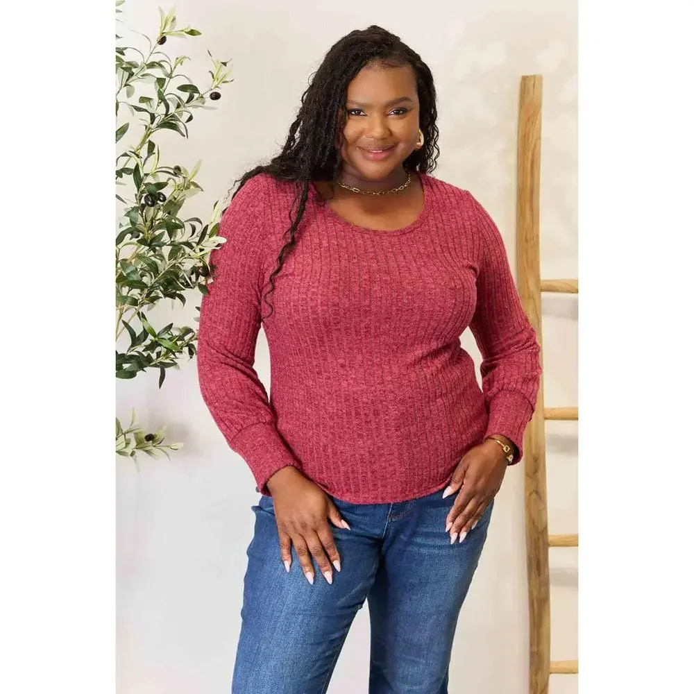Double Take Ribbed Round Neck Lantern Sleeve Blouse - Picture 6 of 15
